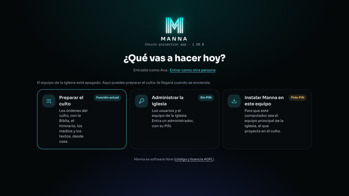 La portada de la dirección de la iglesia, con Preparar el culto, Administrar la iglesia e Instalar Manna en este equipo